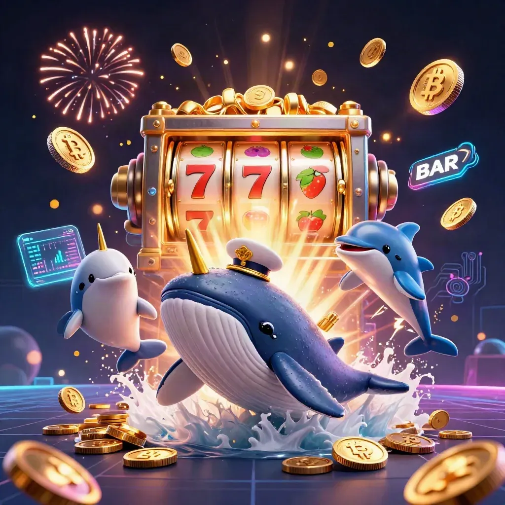 Whale captain, narwhal and dolphins burst through gold coins with neon crypto effects and casino symbols.