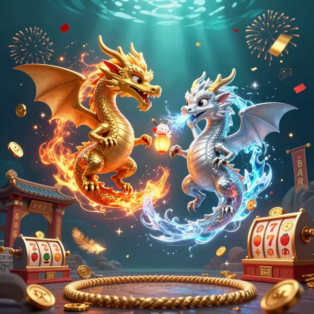 Twin gold and silver dragons spiral with fire and ice above a temple gate and glowing treasure.