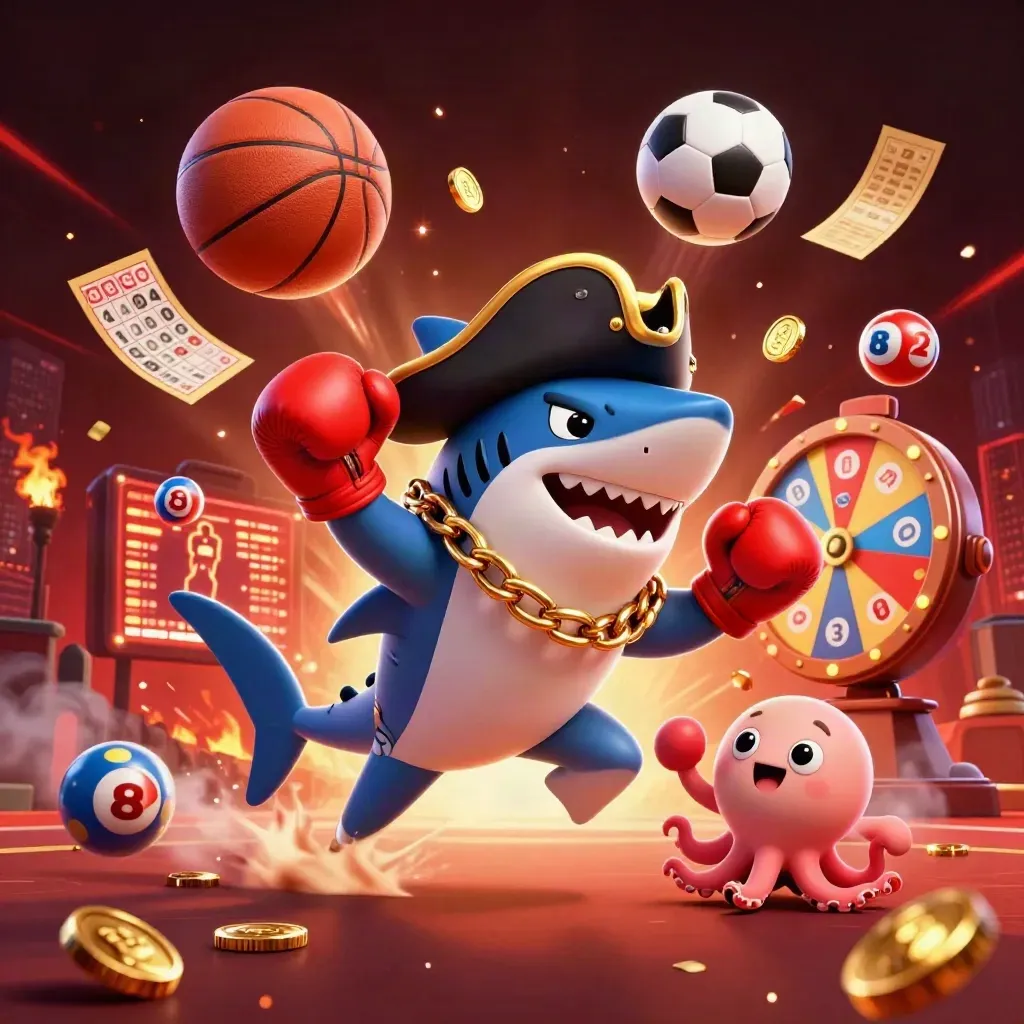 Pirate shark, pufferfish, and octopus amid flying balls, coins, wheel, and casino sparks.