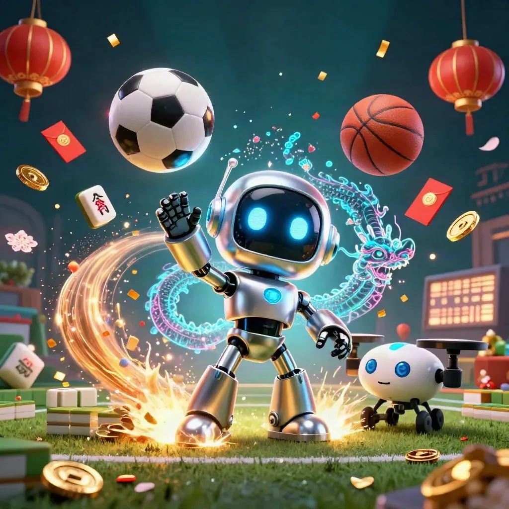 Cyberpunk robot, holographic dragon and drone amid sports balls, coins, lanterns and firework light.