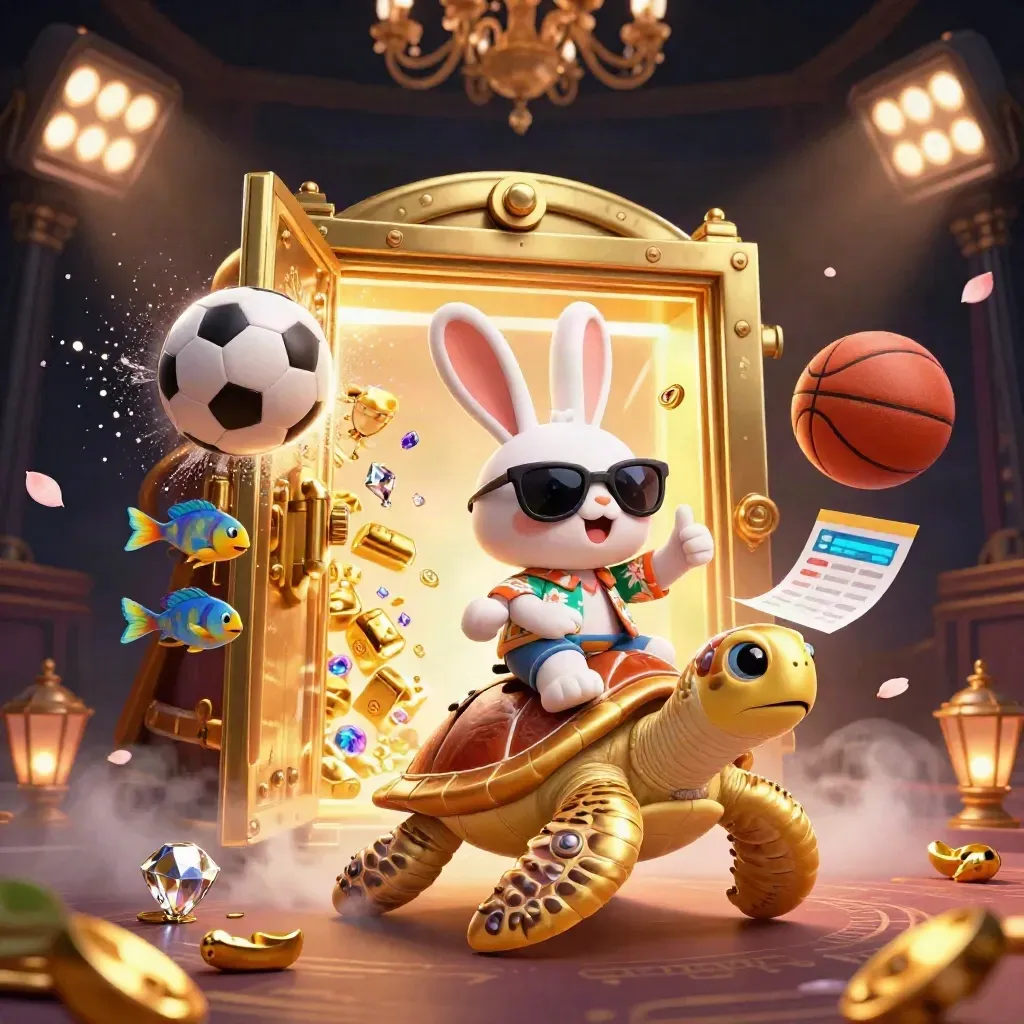 Lucky rabbit on a gold sea turtle as a vault bursts open, with a soccer ball, gems, and casino gold.