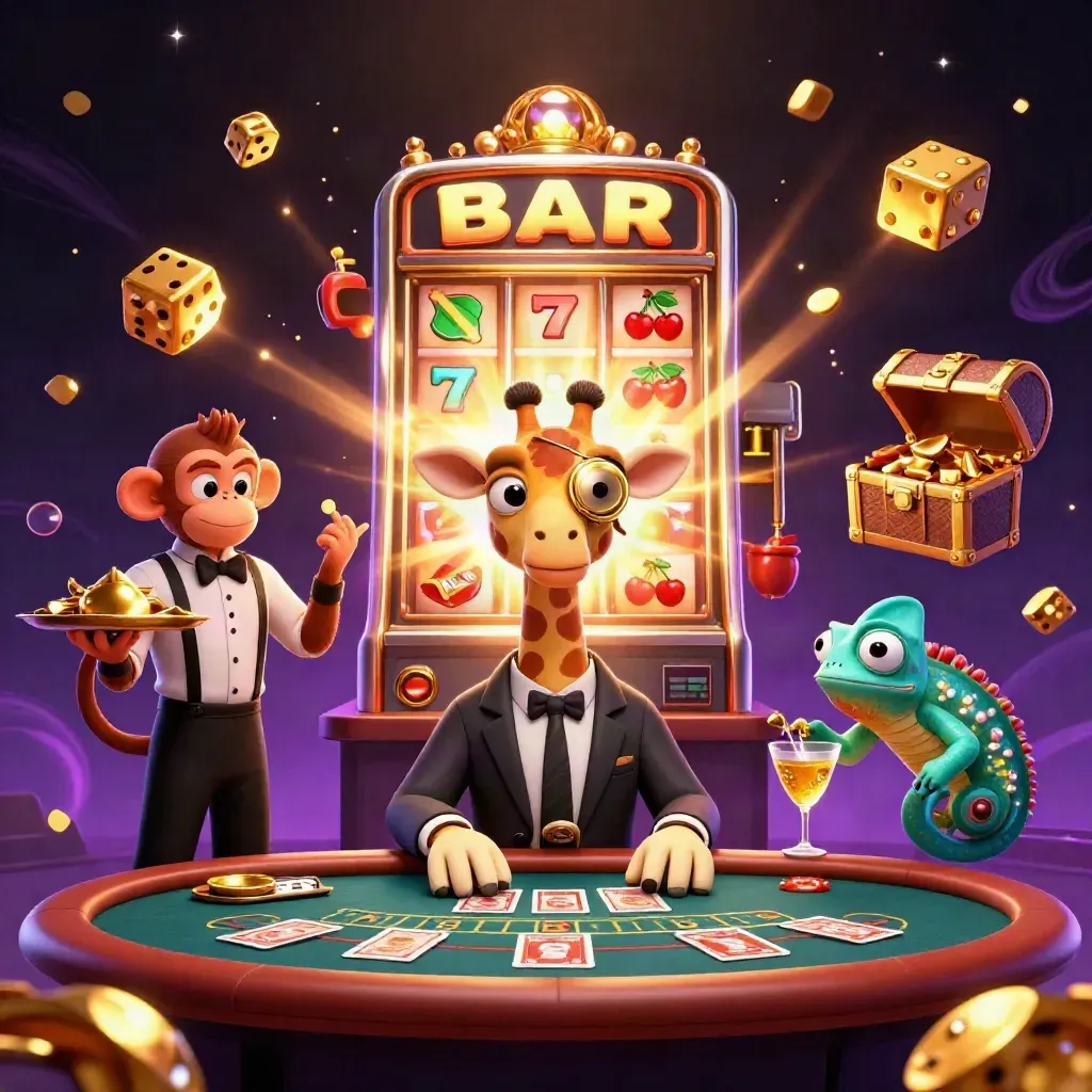 Giraffe, monkey, and chameleon at a luxury casino table with slot burst, dice, gold, and glowing lights.