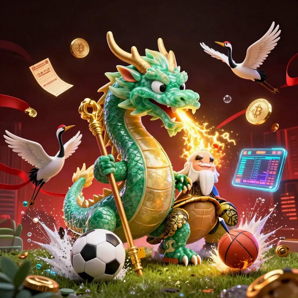 Emerald dragon, turtle sage and cranes amid glowing coins, balls and fire in a neon casino sports arena.