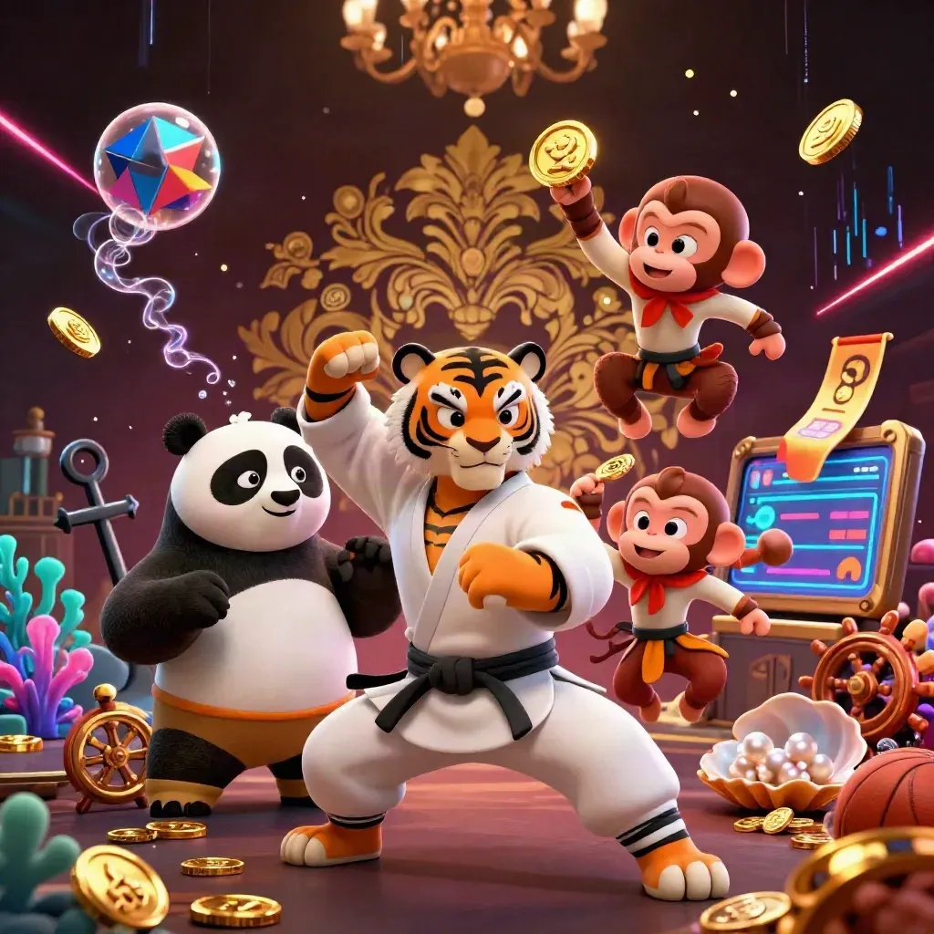 Tiger, panda, and monkey amid treasure cove casino magic, gold coins and neon energy