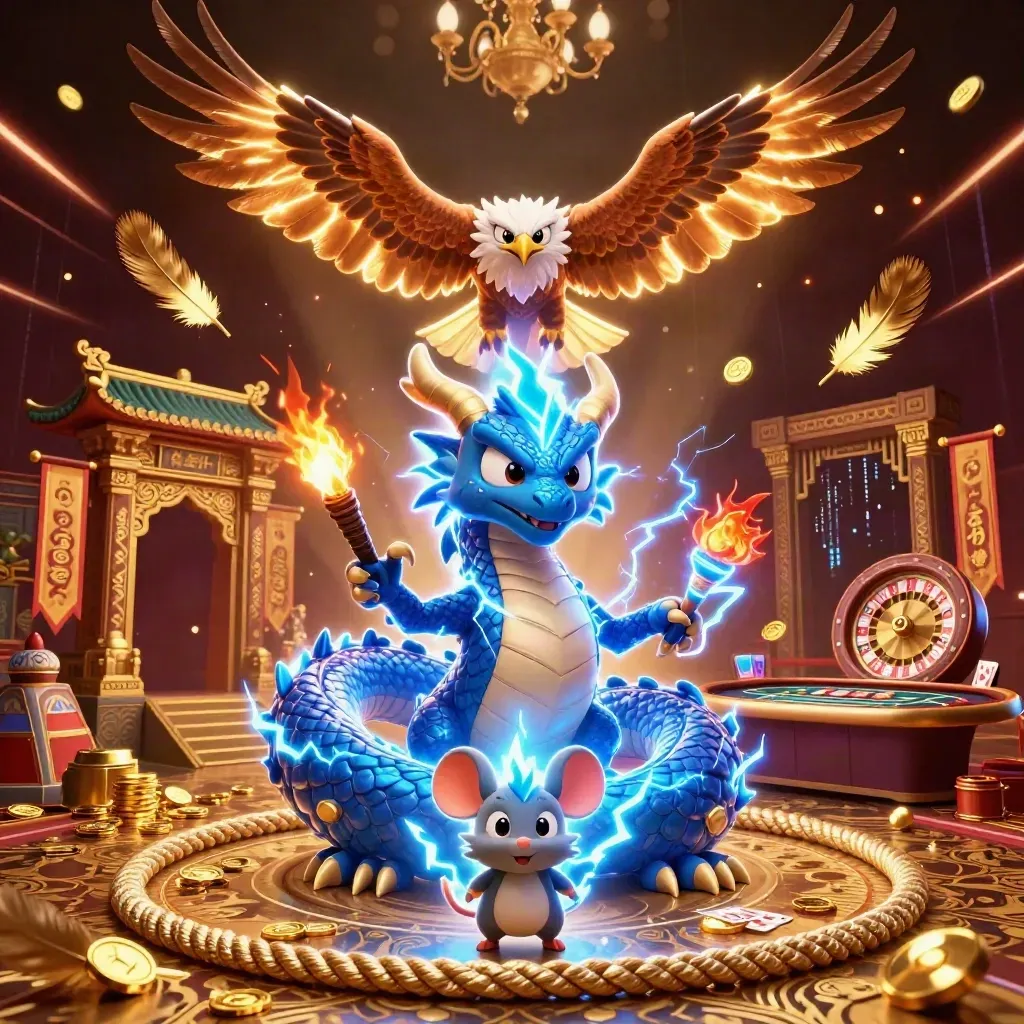 Thunder dragon, wind hawk, and crackling mouse in a luxe casino scene with lightning and gold.