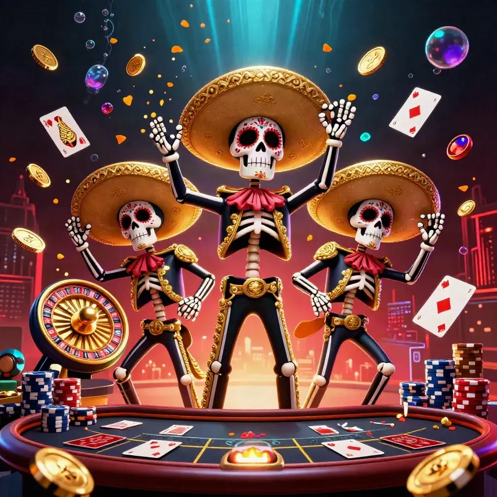 Skeleton mariachi trio amid coins, gems, roulette wheel, chips, and glowing casino lights.