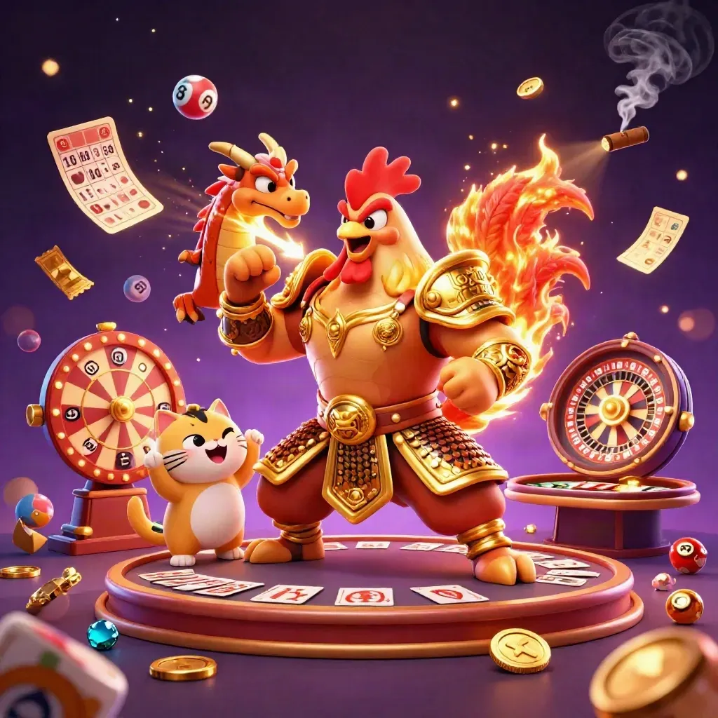 Rooster warrior, dragon hatchling, and cheering fortune cat amid casino magic and spinning props.