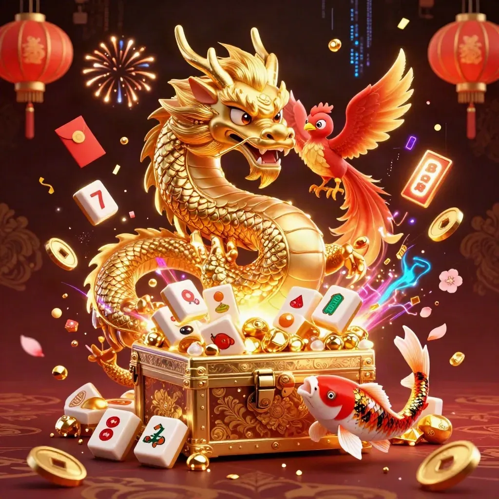 Golden dragon, phoenix, and koi explode with treasure, lanterns, and glowing casino magic.