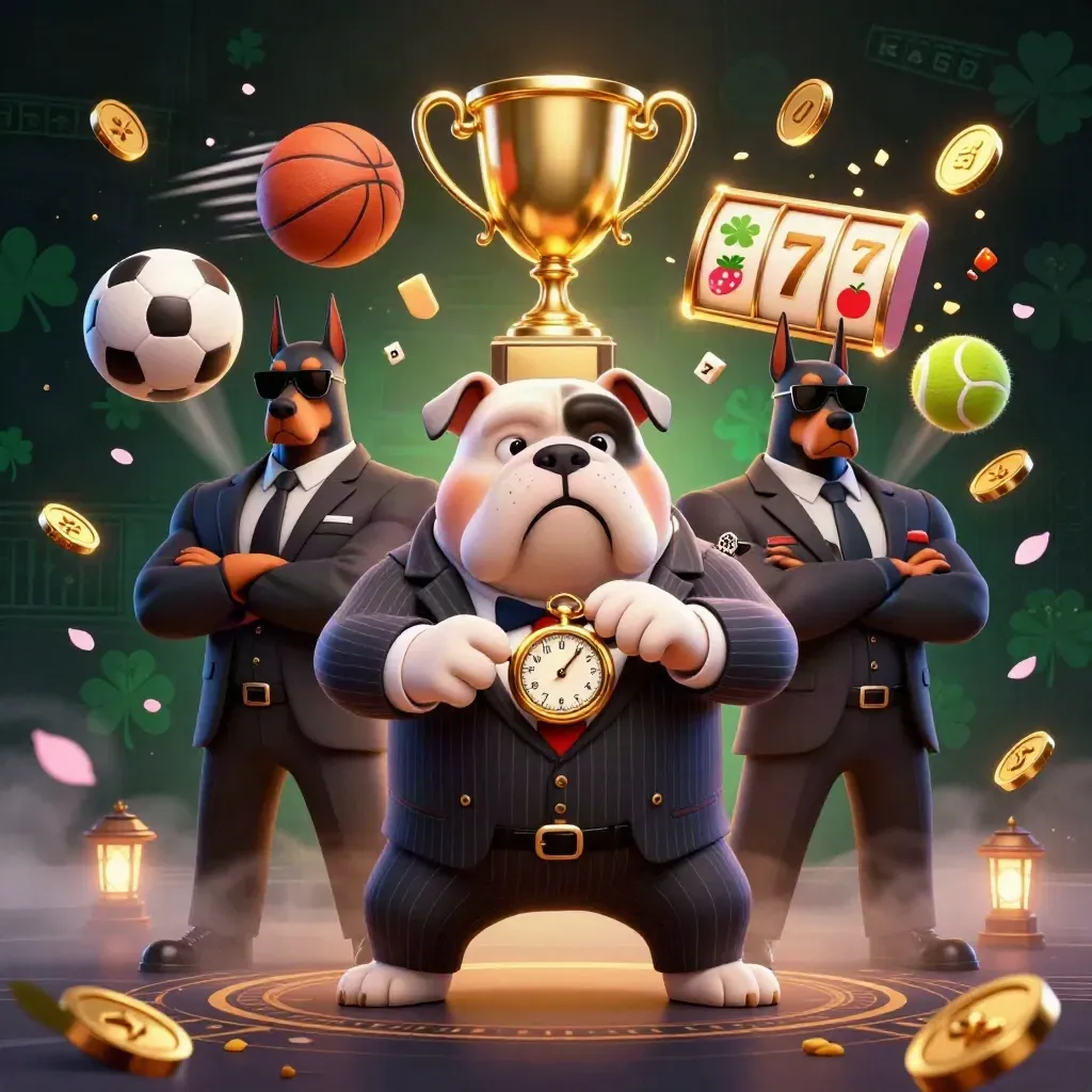 Bulldog mafia boss with two Dobermans, sports balls, trophy, coins, and glowing casino flair.