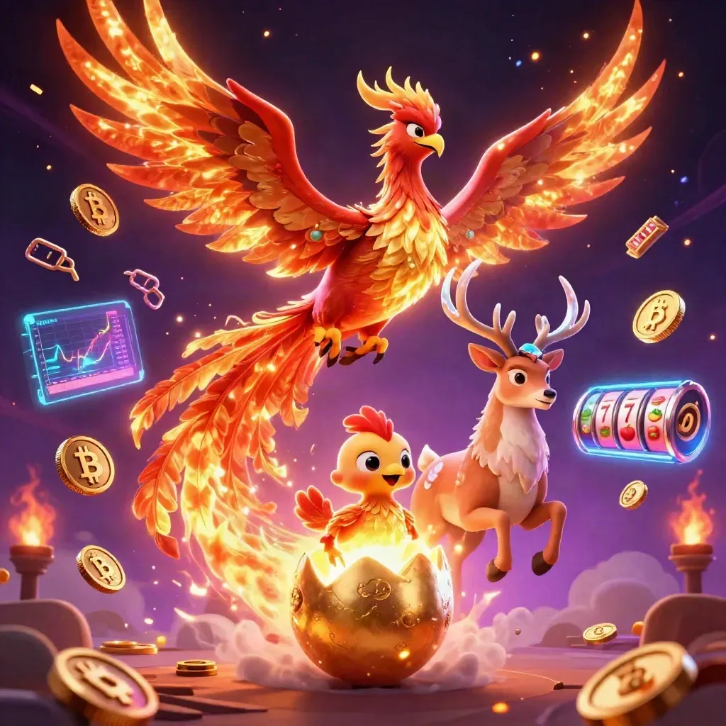 Fire phoenix, hatching hatchling and crystal stag amid coins, lightning and slot symbols