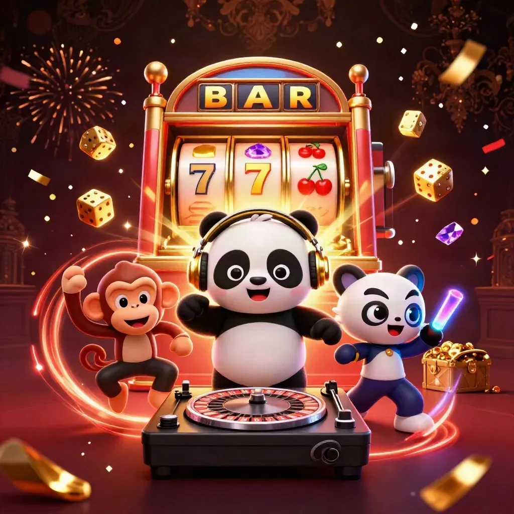 Panda DJ, monkey, and rave kitten amid jackpot burst, gold, gems, and crimson casino glow.