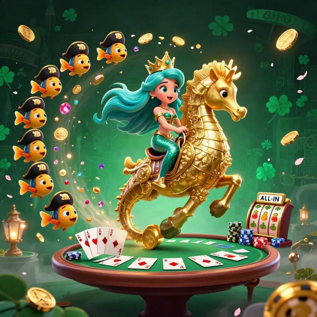 Mermaid princess on armored seahorse, fish pirates, cards, chips, reels, and glowing treasure.