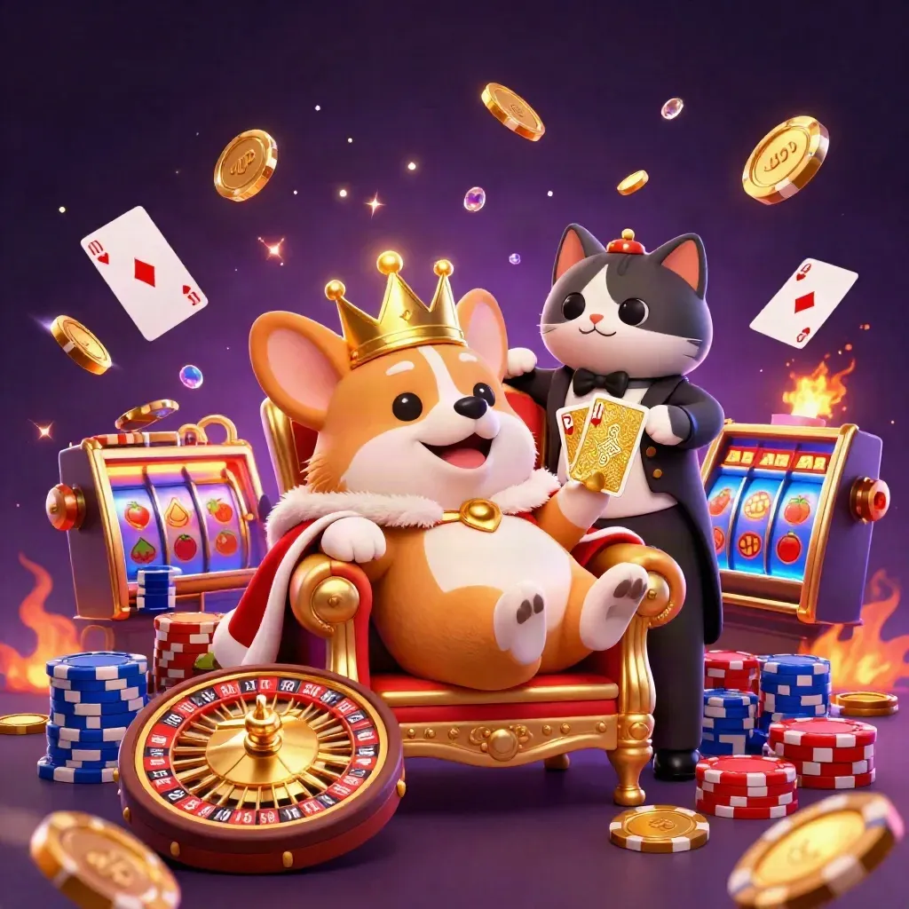 Royal corgi on a chip throne with cat butler, coins, gems, roulette wheel, and casino magic