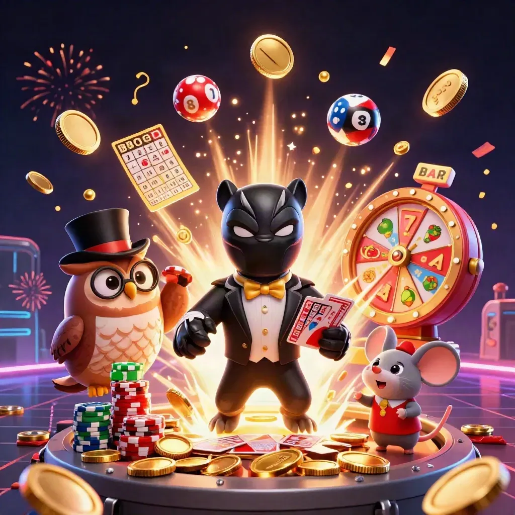 Panther, owl and mouse amid coins, reels, fireworks and jackpot glow on a dark casino backdrop.