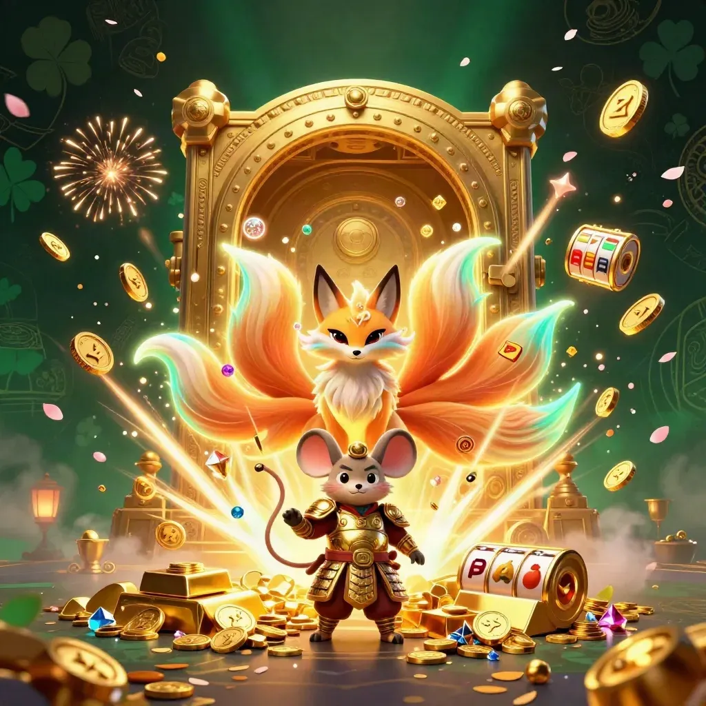 Nine-tailed fox spirit and samurai mouse amid vault treasure, reels, fireworks, and glowing gold.