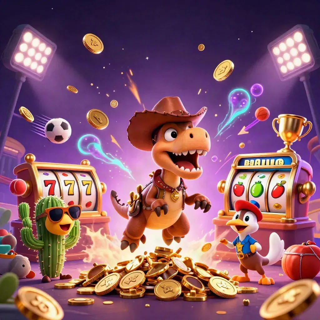 Cowboy T-Rex, cactus, and roadrunner burst treasure amid coins, sports balls, and fireworks.