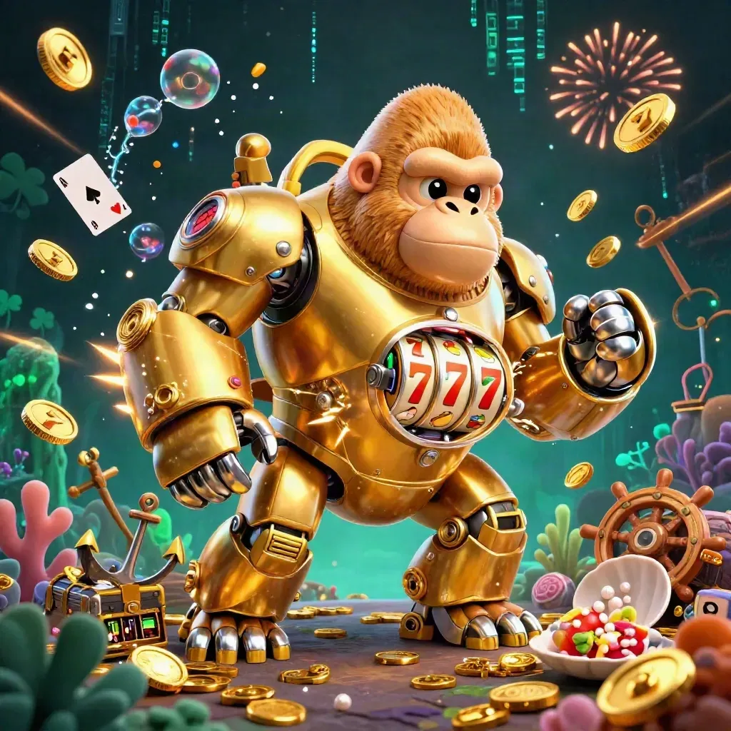 Golden gorilla mech with monkey pilot bursts through treasure, coins, coral, and fireworks in a casino cove.