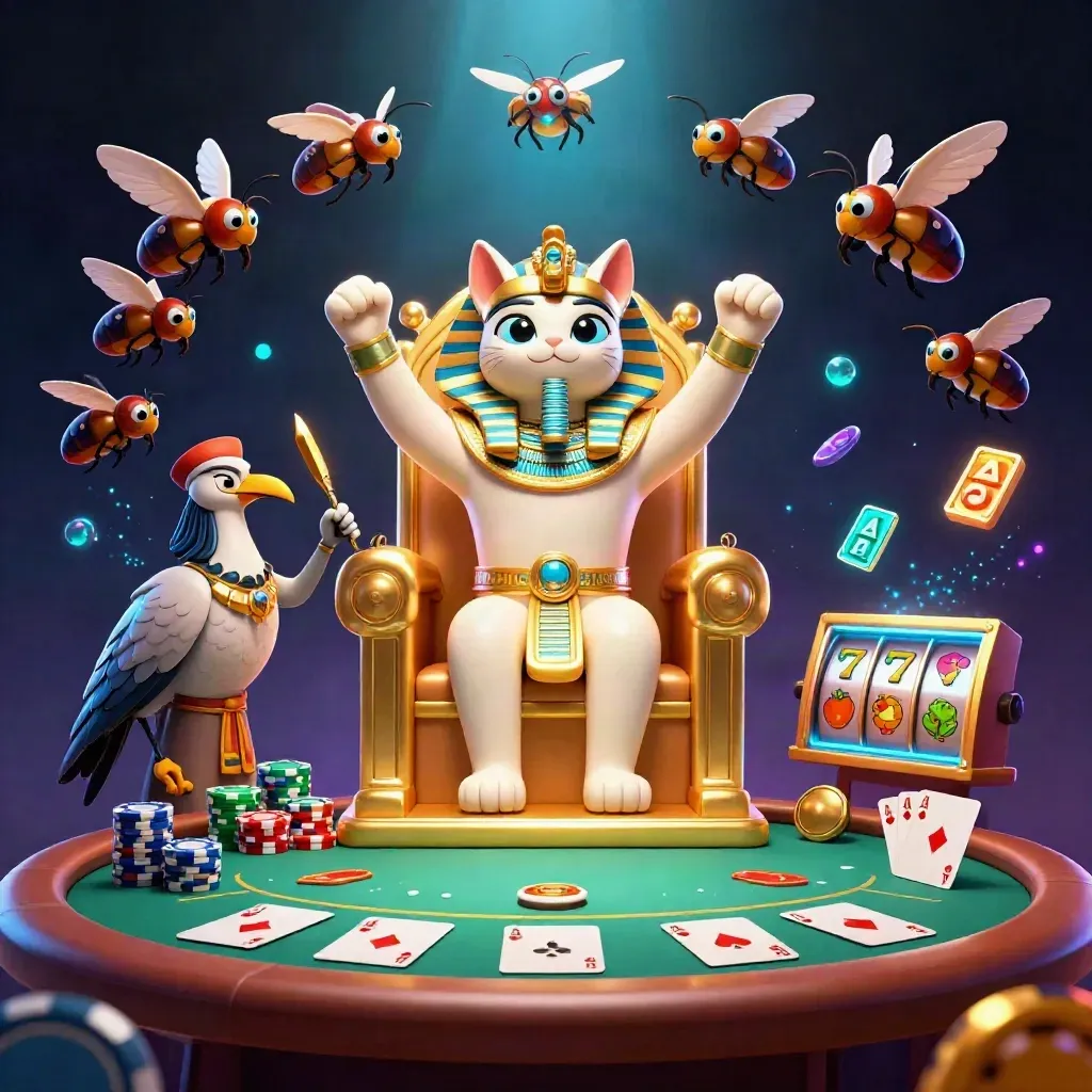 Pharaoh cat, ibis scribe and gem scarabs amid poker chips, aces and glowing slot reels.
