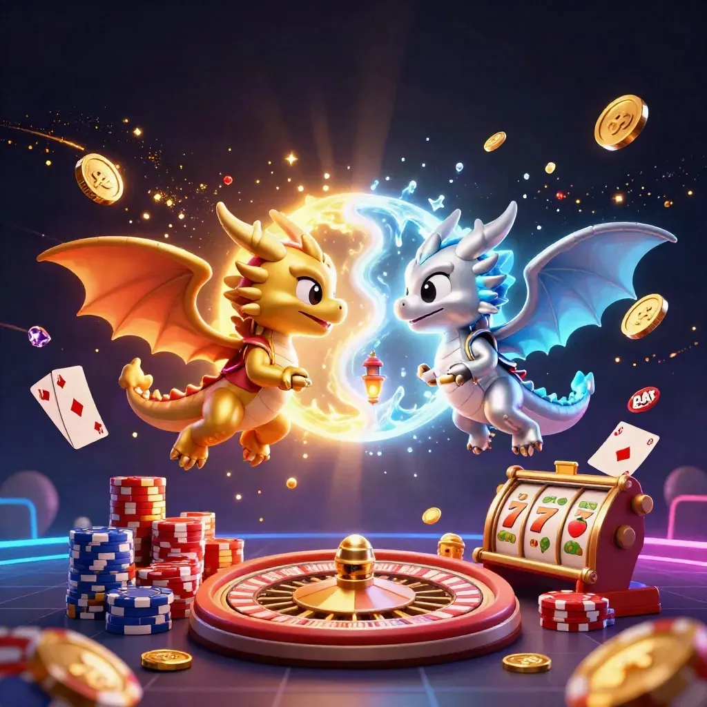 Gold and silver dragons spiral around a lantern spirit amid casino coins, cards, reels and glowing rays.