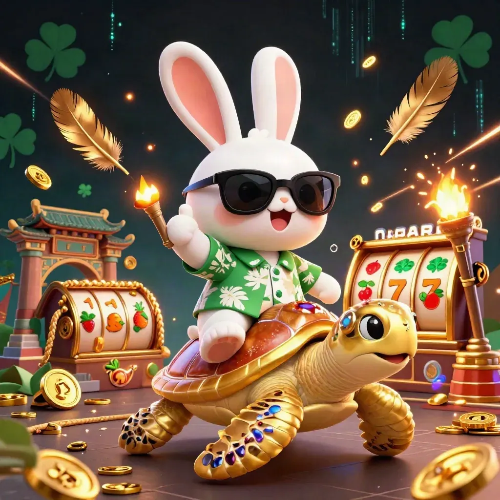 Lucky rabbit rides a golden sea turtle amid casino relics, coins, reels, and neon energy.