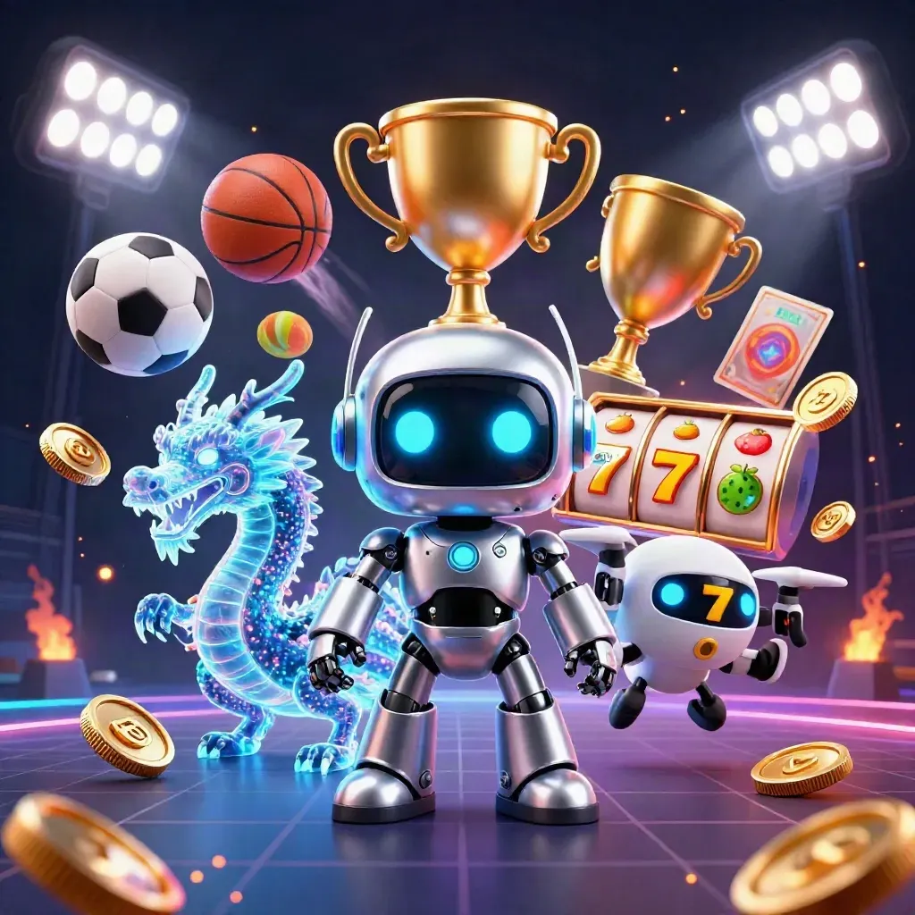 Cyberpunk robot, holographic dragon and drone amid coins, slots and stadium lights.