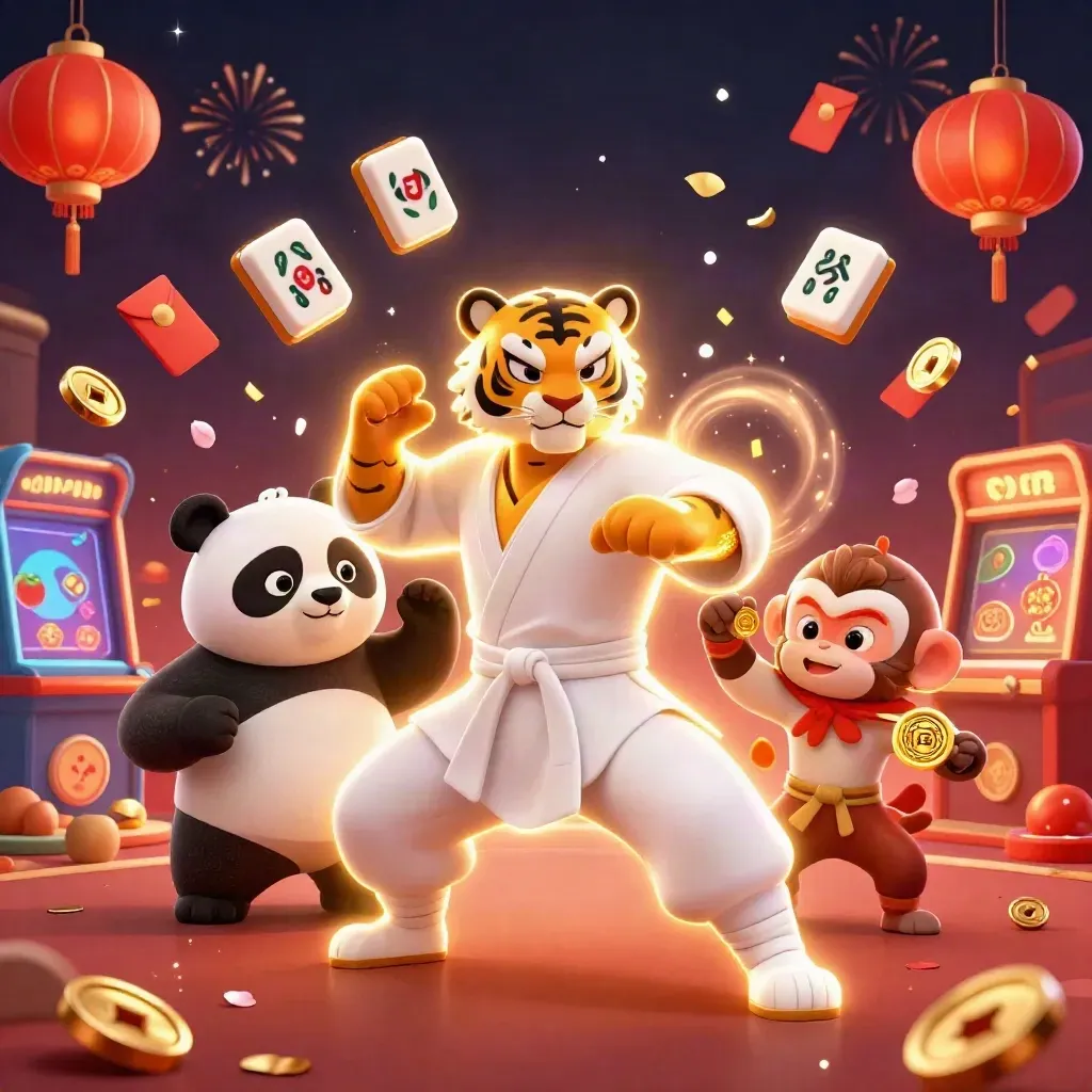 Kung-fu tiger, panda, and monkey amid casino symbols, lanterns, fireworks, and glowing jackpots.