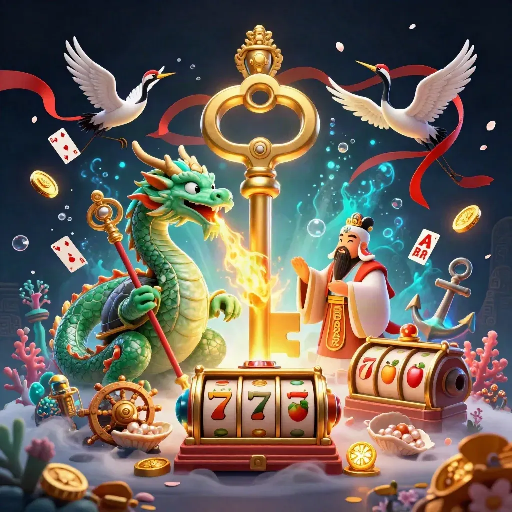Jade dragon, turtle sage, and cranes amid gold treasure, reels, and glowing runes.